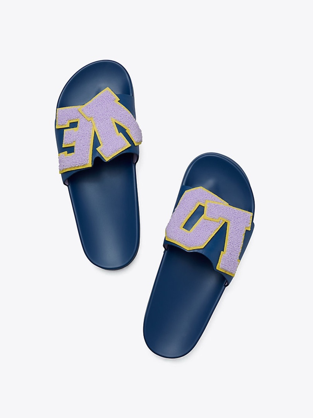 Tory Burch Navy Slide Sandals with Lavender and Yellow Appliqué